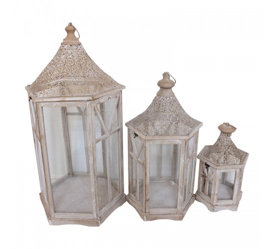 Φανάρι Tally Inart σετ 3τεμ αλουμίνιο σε καφέ απόχρωση Υλικό: ALUMINUM - FIR WOOD - GLASS 346-000011