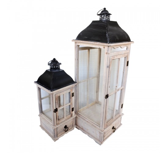 Φανάρι Jaxon Inart σετ 2τεμ αλουμίνιο σε white washed απόχρωση Υλικό: ALUMINUM - FIR WOOD - GLASS 346-000014