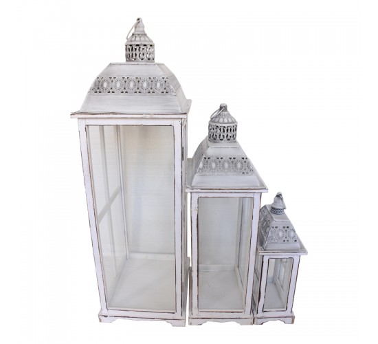 Φανάρι Jux Inart σετ 3τεμ αλουμίνιο σε white washed απόχρωση Υλικό: ALUMINUM - FIR WOOD - GLASS 346-000015