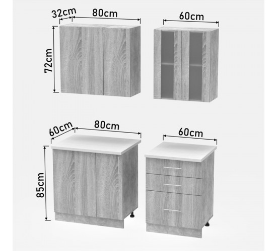 Σύνθεση κουζίνας Festa III μελαμίνη σε sonoma απόχρωση και πάγκο σε ανοιχτό γκρι 140x60x85εκ Υλικό: CLIPBOARD 16mm 361-000013