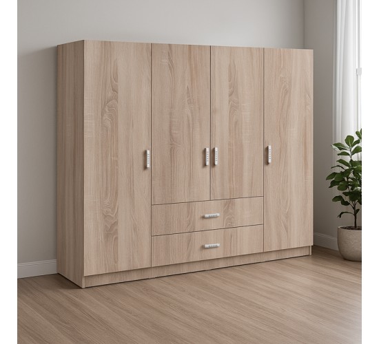 Ντουλάπα τετράφυλλη Royal με συρτάρια sonoma 200x58x177εκ Υλικό: CHIPBOARD 361-000111