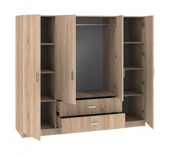 Ντουλάπα τετράφυλλη Royal με συρτάρια sonoma 200x58x177εκ Υλικό: CHIPBOARD 361-000111