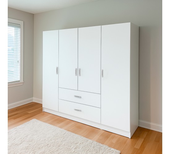 Ντουλάπα τετράφυλλη Royal με συρτάρια λευκό 200x58x177εκ Υλικό: CHIPBOARD 361-000112