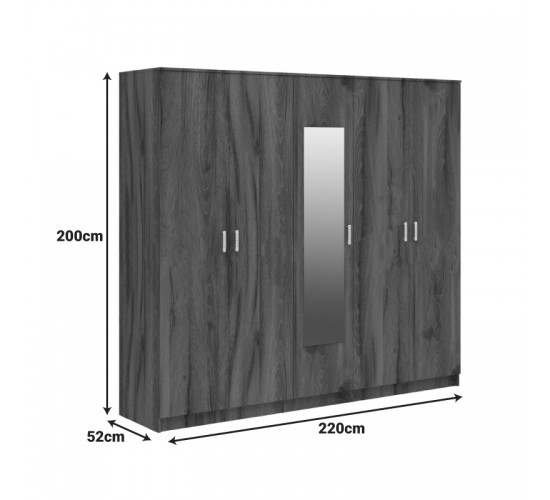 Ντουλάπα πεντάφυλλη με καθρέφτη Luna καρυδί-oak 220x52x200εκ Υλικό: CHIPBOARD  - MIRROR 361-000118