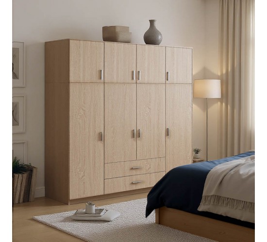 Ντουλάπα τετράφυλλη Royal με συρτάρια και πατάρι sonoma 200x58x230εκ Υλικό: CHIPBOARD 361-000121