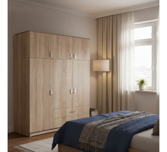 Ντουλάπα τρίφυλλη Royal με συρτάρια και πατάρι sonoma 150x58x230εκ Υλικό: CHIPBOARD 361-000124