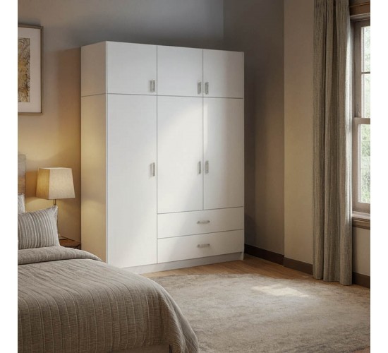 Ντουλάπα τρίφυλλη Royal με συρτάρια και πατάρι λευκό 150x58x230εκ Υλικό: CHIPBOARD 361-000125