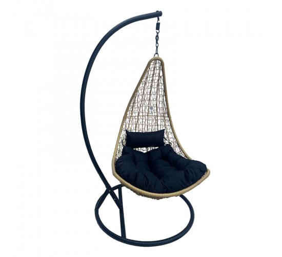 Κούνια φωλιά με βάση Soleil μέταλλο μαύρο- pe rattan φυσικό με μαύρο μαξιλάρι 120x95x195εκ Υλικό: METAL - FABRIC - RATTAN 368-000009