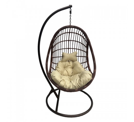 Κούνια φωλιά με βάση Cungo μέταλλο καφέ- pe rattan καφέ με μπεζ μαξιλάρι 125x105x195εκ Υλικό: METAL - FABRIC - RATTAN 368-000011