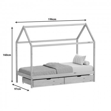 Παιδικό κρεβάτι Mellin τ. Montessori με 2 συρτάρια ξύλο πεύκου σε λευκή απόχρωση 90x190εκ Υλικό: FRAME: PINE WOOD . SLAT: PLYWOOD. DRAWER BOTTOM: MDF 370-000005