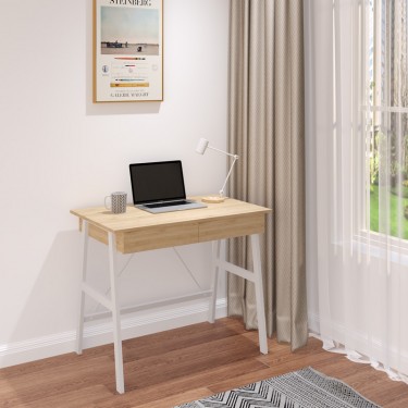 Γραφείο εργασίας Lione με συρτάρια σε oak απόχρωση με πόδι λευκό μέταλλο 90x50x75εκ Υλικό: PARTICLE BOARD - STEEL - PP 375-000008