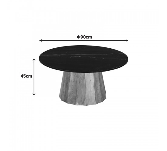 Τραπέζι σαλονιού Ezerdian μασίφ ξύλο ακακίας σε φυσική απόχρωση με επιφάνεια μαύρου μαρμάρου Φ90x45εκ Υλικό: SOLID ACACIA WOOD - MARBLE 379-000011