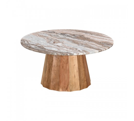 Τραπέζι σαλονιού Ezerdian μασίφ ξύλο ακακίας σε φυσική απόχρωση με επιφάνεια μαρμάρου Φ90x45εκ Υλικό: SOLID ACACIA WOOD - MARBLE 379-000012