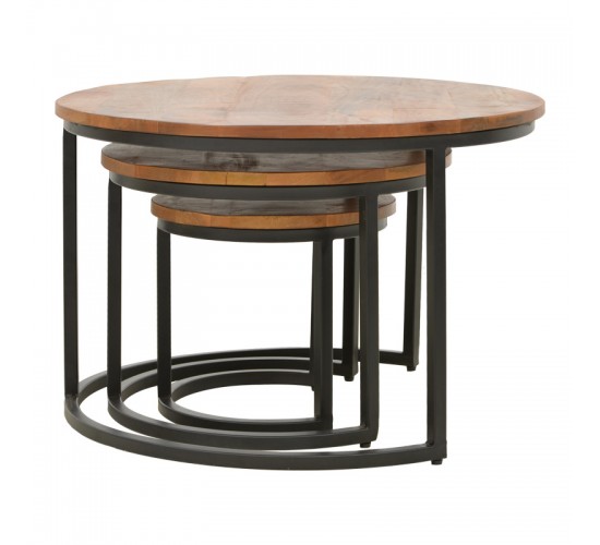 Τραπέζι σαλονιού Frina σετ 3τεμ mango ξύλο σε καρυδί απόχρωση με πόδι μαύρο μέταλλο Υλικό: MANGO WOOD - METAL 379-000030