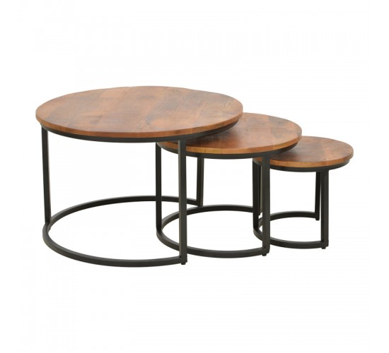 Τραπέζι σαλονιού Frina σετ 3τεμ mango ξύλο σε καρυδί απόχρωση με πόδι μαύρο μέταλλο Υλικό: MANGO WOOD - METAL 379-000030