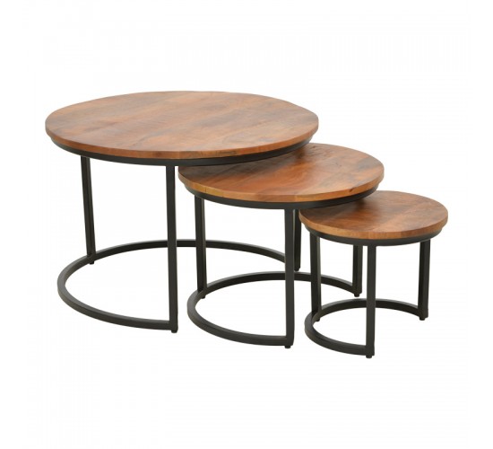 Τραπέζι σαλονιού Frina σετ 3τεμ mango ξύλο σε καρυδί απόχρωση με πόδι μαύρο μέταλλο Υλικό: MANGO WOOD - METAL 379-000030