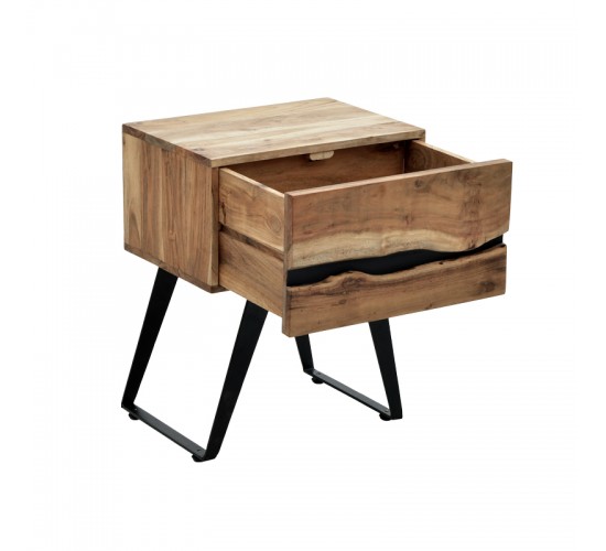 Κομοδίνο Imena μασίφ ξύλο Acacia σε φυσικό απόχρωση με μαύρα μεταλλικά πόδια 45x35x56εκ Υλικό: SOLID WOOD - METAL 379-000031