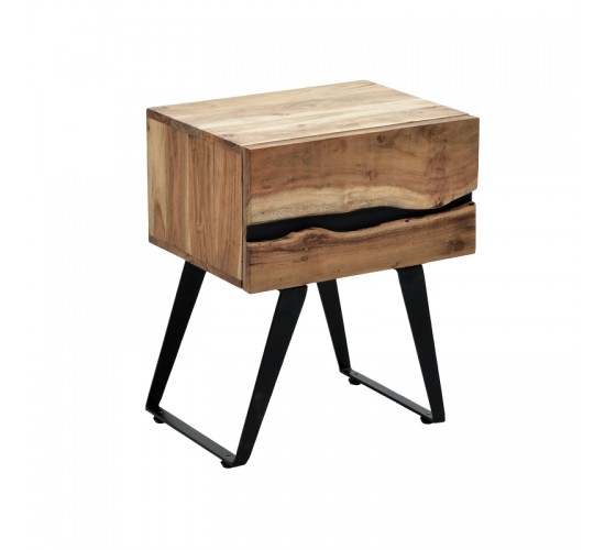 Κομοδίνο Imena μασίφ ξύλο Acacia σε φυσικό απόχρωση με μαύρα μεταλλικά πόδια 45x35x56εκ Υλικό: SOLID WOOD - METAL 379-000031