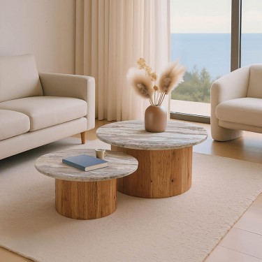 Τραπέζι σαλονιού Sergy σετ 2 τμχ μασίφ ξύλο ακακίας σε φυσική απόχρωση με επιφάνεια μαρμάρου Υλικό: SOLID ACACIA WOOD - MARBLE 379-000045