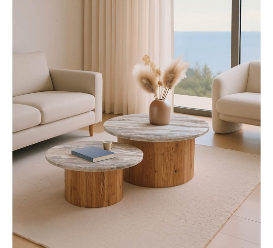 Τραπέζι σαλονιού Sergy σετ 2 τμχ μασίφ ξύλο ακακίας σε φυσική απόχρωση με επιφάνεια μαρμάρου Υλικό: SOLID ACACIA WOOD - MARBLE 379-000045