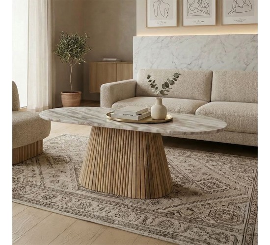 Τραπεζι σαλονιού Aithra μασίφ ξύλο μάνγκο σε φυσική απόχρωση με επιφάνεια μαρμάρου 120x60x45εκ. Υλικό: mango wood - sawar marble 379-000047