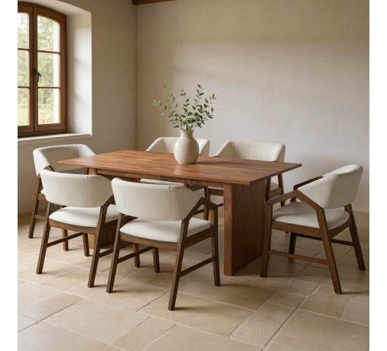 Τραπεζαρία Eleganza-Livia σετ 7τεμ mdf σε καρυδί-εκρού απόχρωση 180x99x75.8εκ Υλικό: RUBBERWOOD - FABRIC POLYESTER - MDF 381-000011