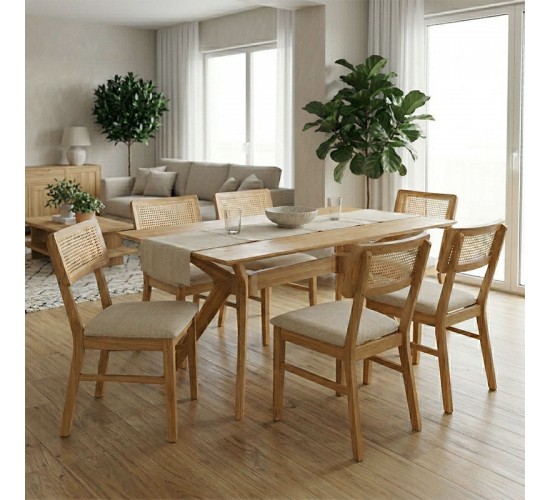 Τραπεζαρία Raffles σετ 7τεμ rubberwood με pe rattanσε φυσική απόχρωση 150x90x76εκ Υλικό: RUBBERWOOD - MDF 381-000016