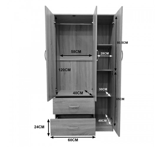 Ντουλάπα τρίφυλλη με 2 συρτάρια Lego σε sonoma-λευκή απόχρωση 90x42x180εκ Υλικό: 15mm Particle Board 383-000042