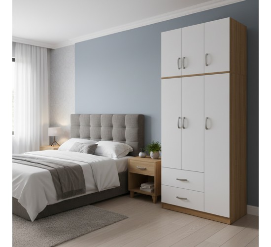 Ντουλάπα τρίφυλλη με 2 συρτάρια και πατάρι Lego σε oak-λευκή απόχρωση 90x42x240εκ Υλικό: 15mm Particle Board 383-000077