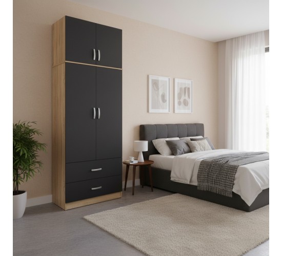 Ντουλάπα δίφυλλη με 2 συρτάρια και πατάρι Lego σε oak-ανθρακί απόχρωση 80x42x240εκ Υλικό: 15mm Particle Board 383-000081