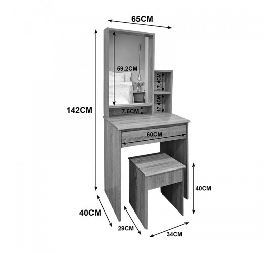 Τουαλέτα κρεβατοκάμαρας Larnia με καθρέπτη και σκαμπό sonoma 65x40x142εκ Υλικό: 15mm Particle Board 383-000138