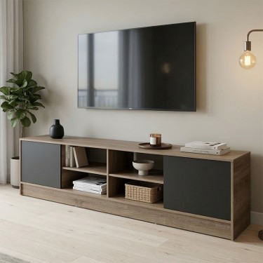 Έπιπλο τηλεόρασης Tivia sonoma-ανθρακί 180x35x41.5εκ Υλικό: 12mm Particle Board 383-000153