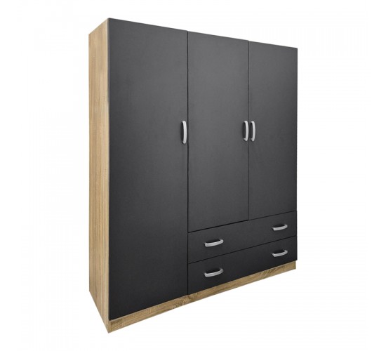 Ντουλάπα τρίφυλλη με 2 συρτάρια Alvia sonoma-ανθρακί 150x51x180εκ Υλικό: 15mm Particle Board 383-000164