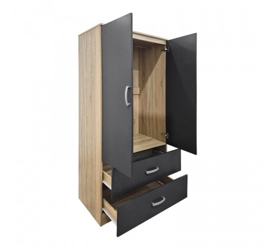 Ντουλάπα δίφυλλη με 2 συρτάρια Alvia sonoma-ανθρακί 80x51.5x180εκ Υλικό: 15mm Particle Board 383-000175