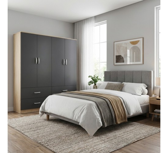 Ντουλάπα τετράφυλλη με συρτάρια Lego sonoma-ανθρακί 160x42x180εκ Υλικό: 15mm Particle Board 383-000239