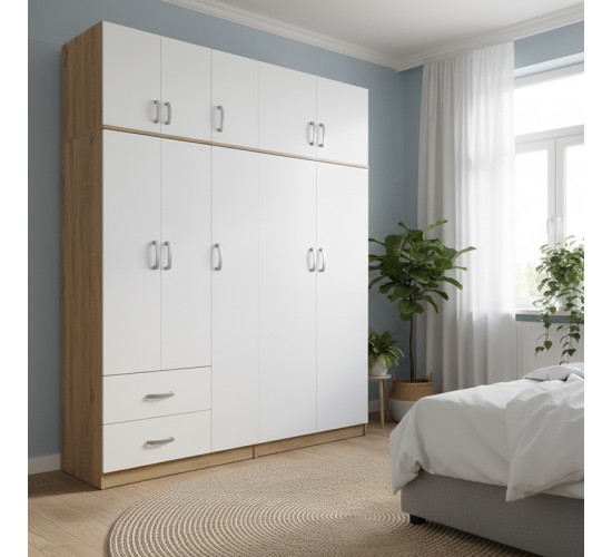 Ντουλάπα πεντάφυλλη με πατάρι Lego I sonoma-λευκή 170x42x240εκ Υλικό: 15mm Particle Board 383-000276