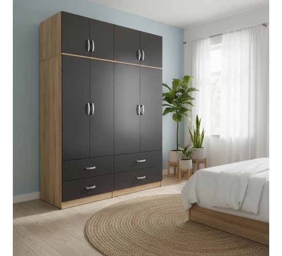 Ντουλάπα τετράφυλλη με συρτάρια και πατάρι Lego sonoma-ανθρακί 160x42x240εκ Υλικό: 15mm Particle Board 383-000279