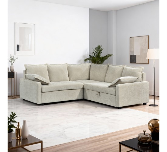 Γωνιακός καναπές κρεβάτι Lounivo ύφασμα μπεζ 215x215x84εκ Υλικό: FABRIC - WOOD 389-000011