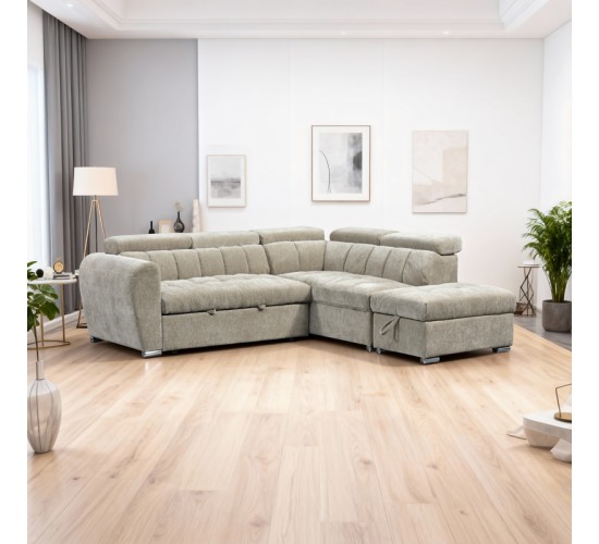 Γωνιακός καναπές-κρεβάτι αριστερή γωνία Nuvora με αποθηκευτικό χώρο μπεζ ύφασμα 244x225x79εκ Υλικό: FABRIC VELVET CORDUROY - WOOD 389-000012
