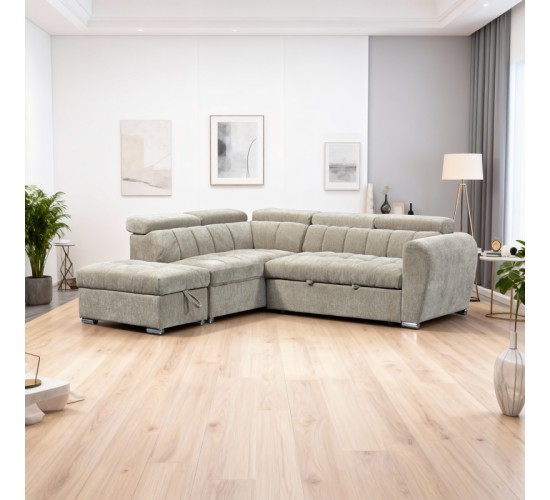 Γωνιακός καναπές-κρεβάτι δεξιά γωνία Nuvora με αποθηκευτικό χώρο μπεζ ύφασμα 244x225x79εκ Υλικό: FABRIC VELVET CORDUROY - WOOD 389-000015