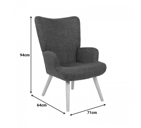 Πολυθρόνα-μπερζέρα Gerlina ανθρακί ύφασμα με πόδι σε φυσική απόχρωση 71x64x94εκ Υλικό: 100 %  POLYESTER FABRIC - METAL FRAME - FOAM - RUBBERWOOD 393-000001