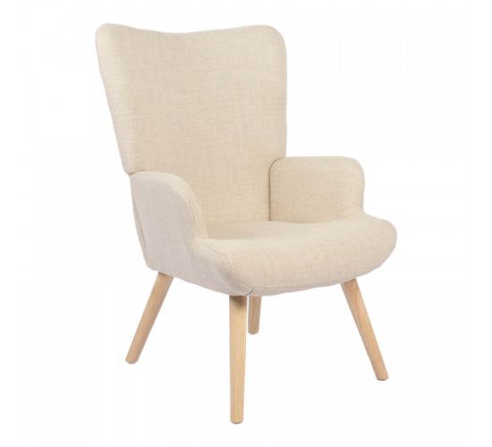 Πολυθρόνα-μπερζέρα Gerlina κρεμ ύφασμα με πόδι σε φυσική απόχρωση 71x64x94εκ Υλικό: 100 %  POLYESTER FABRIC - METAL FRAME - FOAM - RUBBERWOOD 393-000003