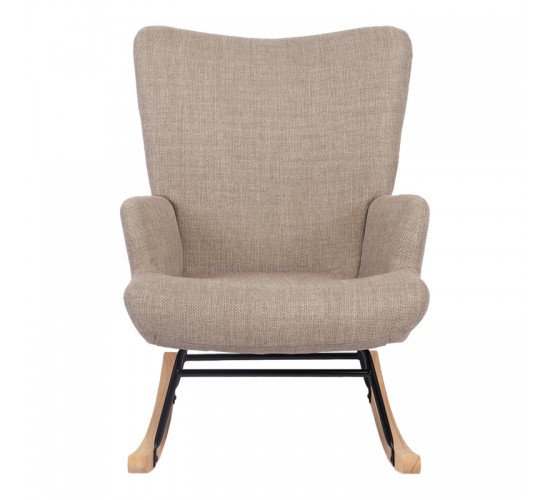 Κουνιστή πολυθρόνα Jianna γκρι-μπεζ ύφασμα με πόδι σε φυσική απόχρωση 79x64x89εκ Υλικό: 100 %  POLYESTER FABRIC - METAL FRAME - FOAM - RUBBERWOOD 393-000007