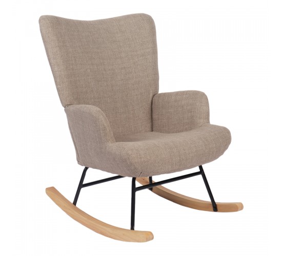 Κουνιστή πολυθρόνα Jianna γκρι-μπεζ ύφασμα με πόδι σε φυσική απόχρωση 79x64x89εκ Υλικό: 100 %  POLYESTER FABRIC - METAL FRAME - FOAM - RUBBERWOOD 393-000007