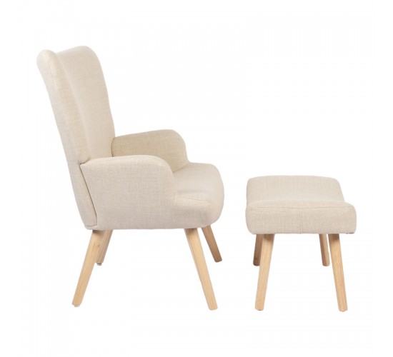 Πολυθρόνα-μπερζέρα με υποπόδιο Gerlina κρεμ ύφασμα με πόδι σε φυσική απόχρωση 71x64x94εκ Υλικό: 100 %  POLYESTER FABRIC - METAL FRAME - FOAM - RUBBERWOOD 393-000008