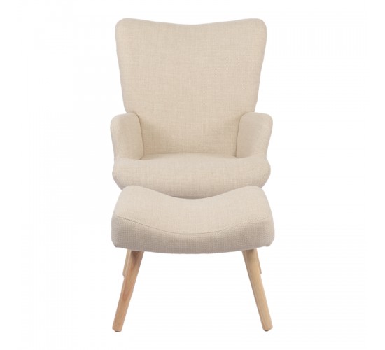 Πολυθρόνα-μπερζέρα με υποπόδιο Gerlina κρεμ ύφασμα με πόδι σε φυσική απόχρωση 71x64x94εκ Υλικό: 100 %  POLYESTER FABRIC - METAL FRAME - FOAM - RUBBERWOOD 393-000008