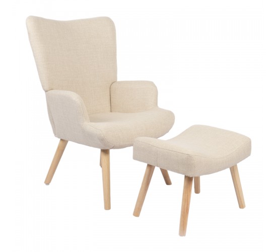 Πολυθρόνα-μπερζέρα με υποπόδιο Gerlina κρεμ ύφασμα με πόδι σε φυσική απόχρωση 71x64x94εκ Υλικό: 100 %  POLYESTER FABRIC - METAL FRAME - FOAM - RUBBERWOOD 393-000008