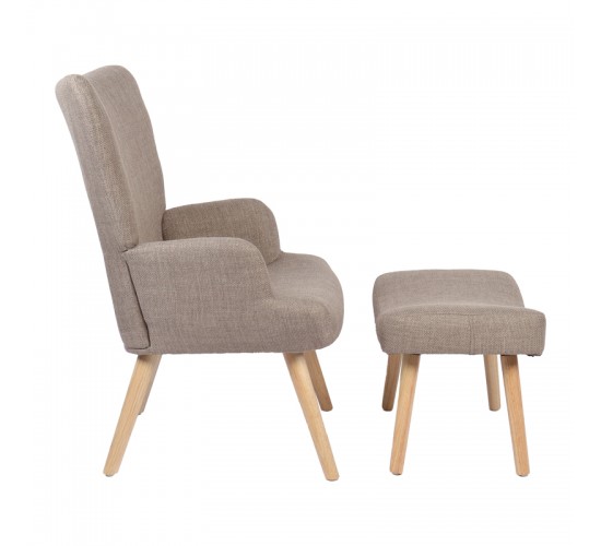 Πολυθρόνα-μπερζέρα με υποπόδιο Gerlina γκρι-μπεζ ύφασμα με πόδι σε φυσική απόχρωση 71x64x94εκ Υλικό: 100 %  POLYESTER FABRIC - METAL FRAME - FOAM - RUBBERWOOD 393-000009