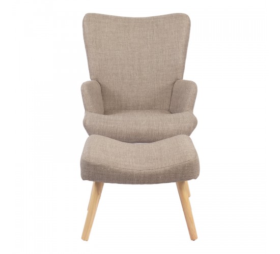 Πολυθρόνα-μπερζέρα με υποπόδιο Gerlina γκρι-μπεζ ύφασμα με πόδι σε φυσική απόχρωση 71x64x94εκ Υλικό: 100 %  POLYESTER FABRIC - METAL FRAME - FOAM - RUBBERWOOD 393-000009