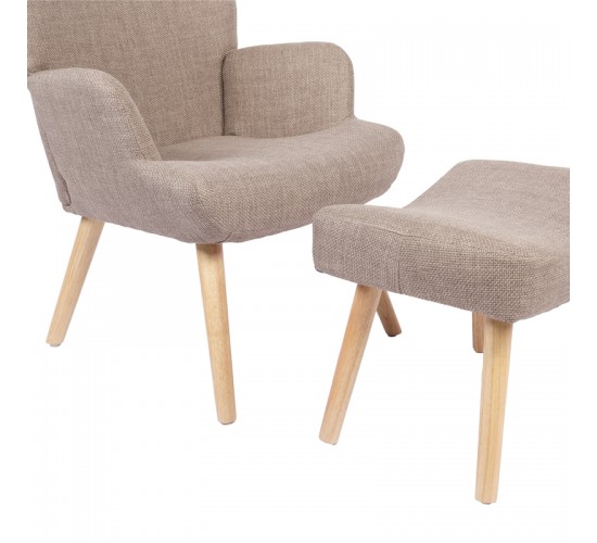 Πολυθρόνα-μπερζέρα με υποπόδιο Gerlina γκρι-μπεζ ύφασμα με πόδι σε φυσική απόχρωση 71x64x94εκ Υλικό: 100 %  POLYESTER FABRIC - METAL FRAME - FOAM - RUBBERWOOD 393-000009